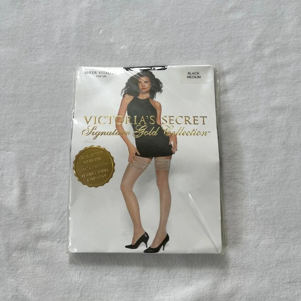 Vintage Victoria's Secret Sheer Vitality Stay Ups Pantyhose Black Sz Medium Lace